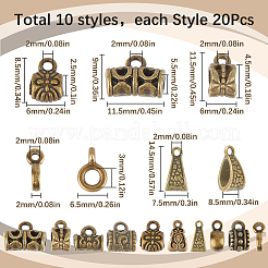 チベットスタイルのチューブベイル200個、10つのスタイル  ループベイル  保釈ビーズ  ロンデル&コラム&チューブ&トライアングル&台形  アンティークブロンズ  7~14.5x6~9x2~8.5mm  穴：1.5~2.5mm  20個/スタイル&nbsp;FIND-SC0009-25AB
