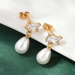 Teardrop with Rectangle 304 Stainless Steel Clear Cubic Zirconia Dangle Stud Earrings&nbsp;EJEW-F366-01G-01