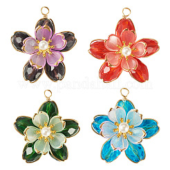 8個4色ガラスペンダント  花  銅線とアクリルを使用  多面カット  ミックスカラー  33.5x31x10mm  穴：2.8mm  2個/カラー&nbsp;PALLOY-TA00350