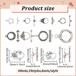 60袋10スタイルチベットスタイルの合金トグル留め具  混合図形  アンティークシルバー  18x19mm  穴：2mm&nbsp;FIND-ME0003-18