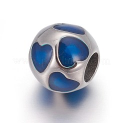 304ステンレススチールヨーロピアンビーズ  エナメル  大穴ビーズ  ハート付きのラウンド  ステンレス鋼色  ブルー  10.5mm  穴：4.5mm&nbsp;OPDL-L013-01E