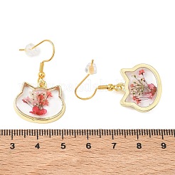 合金とドライフラワーのドロップピアス  接着剤を浸して  猫の形  ゴールドカラー  レッド  35x21mm&nbsp;EJEW-Z169-01G-03