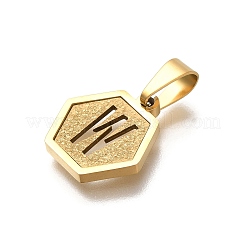 304ステンレススチールチャーム  18KGP本金メッキ  レターチャーム付き六角形  文字W  15x14x1.5mm  穴：3x5.5mm&nbsp;STAS-H227-01G-W
