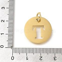 イオンプレーティング（IP）304ステンレスペンダント  丸カン付き  レーザー切断  レターチャーム付きフラットラウンド  18KGP本金メッキ  文字t  20x1mm  穴：4.5mm&nbsp;STAS-M074-01G-T