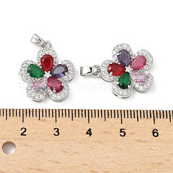 真鍮製マイクロパヴェキュービックジルコニアペンダント  カドミウムフリー＆ニッケルフリー＆鉛フリー  花  プラチナ  19.5x17.5x4.5mm  穴：3.5x2.5mm&nbsp;KK-S532-10P-C