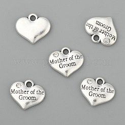 Wedding Theme Antique Silver Tone Tibetan Style Alloy Heart with Mother of the Groom Rhinestone Charms&nbsp;TIBEP-N005-17A