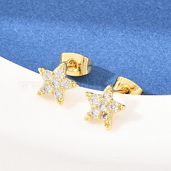 真鍮マイクロペーブクリアキュービックジルコニアスタッドピアス  スター  長持ちメッキ  ラックめっき  鉛フリー＆カドミウムフリー  18KGP本金メッキ  8x8mm&nbsp;EJEW-F405-20A-G