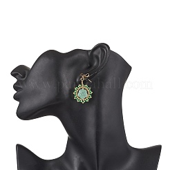 花のガラスのダングルスタッドピアス  シリンダーシードビーズとガラスシードビーズ付き  ゴールドカラー  シーグリーン  38x24mm&nbsp;EJEW-MZ00522-04