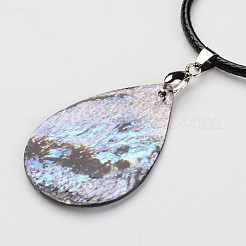 Teardrop Waxed Cord Natural Paua Shell Pendant Necklaces and Earrings Jewelry Sets&nbsp;SJEW-M088-02