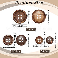 150個 3スタイル 4穴ココナッツボタン  フラットラウンド  ココナッツブラウン  11.5~20x2.5~3mm  穴：1.7~2mm  50個/スタイル&nbsp;DIY-CY0001-48