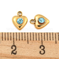304ステンレスペンダント  ラインストーン付き  ハートチャーム  14KGP本金メッキ  アクアマリン  7x6x2.5mm  穴：1.2mm&nbsp;STAS-L080-008G-04