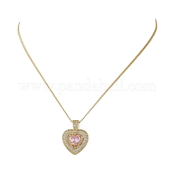 Brass Pave Pink Cubic Zirconia Heart Pendant Brass Curb Chain Necklace for Women&nbsp;NJEW-JN06484-02