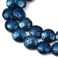 電気メッキされた天然溶岩岩ビーズ連売り  フラットラウンド  ブルーメッキ  10x4.5mm  穴：1.2mm  約40~41個/連  15.43''~15.75''（39.2~40センチメートル）&nbsp;G-K388-01A