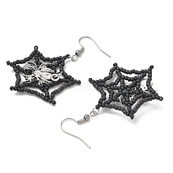 Halloween Theme Spider Web with Spider Handmade Glass Seed Beaded Dangle Earrings&nbsp;EJEW-MZ00481-01