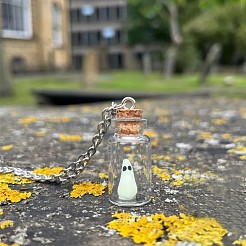 ハロウィーンの光るゴーストガラスドリフトボトルペンダントネックレス＆ダングルイヤリングセット  合金アクセサリーセット  プラチナ  400~500mm&nbsp;FS-WG90D60-01