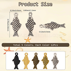 60本5色合金ペンダント  魚のチャーム  ミックスカラー  20x6x3mm  穴：1.2mm  12個/カラー&nbsp;FIND-SC0016-89