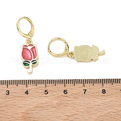 バレンタインデー向け真鍮エナメルフープピアス（女性用）  花バラ  ゴールドカラー  33x9.5mm&nbsp;EJEW-G464-01G-02