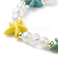 2Pcs 2 Style Starfish & Tortoise Synthetic Turquoise(Dyed) & Glass Pearl Beaded Stretch Bracelets Set&nbsp;BJEW-JB08994
