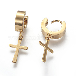 304ステンレススチールフープピアス  ダングルピアス  クロス  ゴールドカラー  27mm  ピン：1mm&nbsp;X-EJEW-O087-01