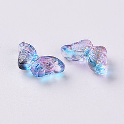 ツートン透明スプレー塗装ガラスビーズ  グリッターパウダー付き  蝶  ドジャーブルー  8x15x4.5mm  穴：1mm&nbsp;GLAA-S190-018M-01