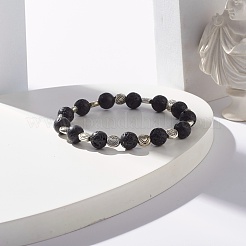 Round Natural Lava Rock & Heart Alloy Beads Stretch Bracelet&nbsp;BJEW-JB07458