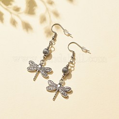 合金トンボ ダングル イヤリング  女性用ロングドロップピアス  アンティークシルバー  57mm  ピン：0.6mm&nbsp;EJEW-JE04911-05