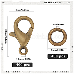 400個の亜鉛合金カニカン  オウムトリガークラスプ  400個の真鍮製丸カン付き  アンティークブロンズ  12x6mm  穴：1.2mm&nbsp;FIND-SP0001-33AB