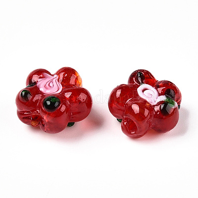 手作りランプワークビーズ連売り  バンピー  花  ファイヤーブリック  13.5~14x14.5~15x7~8mm  穴：1.4mm  約28個/連  14.57インチ（37cm）&nbsp;LAMP-D015-08L-1