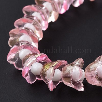 透明ガラスビーズ連売り  グリッターパウダー付き  花  ピンク  11~12x7.5~8mm  穴：1.4mm  約50個/連  11.42''（29センチメートル）&nbsp;LAMP-H061-01D-04-1