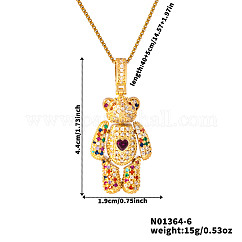 Cute Cartoon Brass Cubic Zirconia Bear Pendant Necklaces, Colorful, 15.75 inch(40cm)