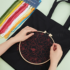 DIYフラワー模様トートバッグ刺繍キットを作る  刺繍針と糸を含む  綿布バッグ  プラスチック刺繍フレーム  ブラック  615mm&nbsp;DIY-WH0349-21C