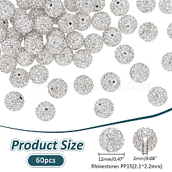 ポリマー粘土ラインストーンビーズ60個  グレードA  ラウンド  クリスタル  pp15（2.1~2.2mm）  12mm  穴：2mm&nbsp;RB-NB0001-24
