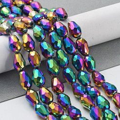 電気メッキガラスビーズ連売り  多面カット  ティアドロップ  マルチカラーメッキ  12x8mm  穴：1mm  約60個/連  27.5インチ&nbsp;EGLA-R045-12x8mm-03