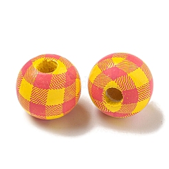 プリントウッドヨーロピアンビーズ  タータン模様のラウンド  ゴールド  15.5~16mm  穴：4~4.5mm&nbsp;WOOD-G022-13C