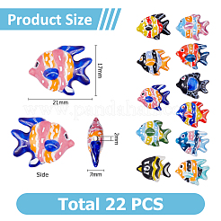 22 個 11 色の手作り磁器ビーズ  手描きの魚  ミックスカラー  17~18x21~22x7~7.5mm  穴：2mm  2個/カラー&nbsp;PORC-HS0001-06