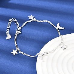 304ステンレススチールチャームブレスレット  女性用カーブチェーンブレスレット  スター＆ムーン  銀  7.99インチ（20.3cm）&nbsp;BJEW-K305-14S