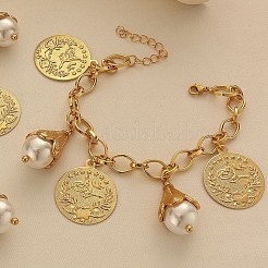 合金とプラスチックの模造真珠ペンダントネックレス、ダングルイヤリング、チャームブレスレット  フラワー＆フラットラウンド  ゴールドカラー  ネックレス：20.47インチ（52cm）&nbsp;FS-WGCD7FF-01