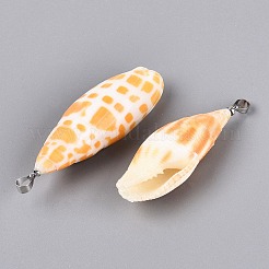 真鍮と天然ミトラ貝の大きなペンダント  巻貝チャーム  プラチナ  オレンジ  32~57x12~22x11~20mm  穴：4~5x3.5mm&nbsp;SHEL-Q029-17P
