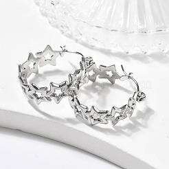 変色しない中空スター 304 ステンレススチール製フープピアス (女性用)  ステンレス鋼色  22x20x8mm  ピン：0.6mm&nbsp;STAS-A057-14P