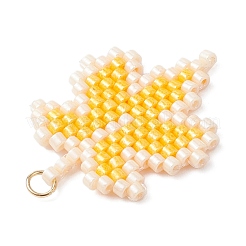 ガラスシードビーズのメープルリーフペンダント  304ステンレススチール製ジャンプリング付き  18KGP本金メッキ  きいろ  28x24x2mm  穴：2.5mm&nbsp;PALLOY-MZ00889-01