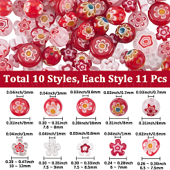 110個 11スタイル ハンドメイド ミルフィオリ ランプワーク ビーズ  丸型、花型、平型  レッド  6.5~10x6~10x2.6~8mm  穴：0.7~1mm&nbsp;LAMP-PA0001-79