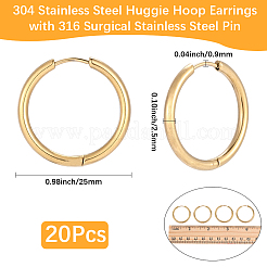 304ステンレススチール製ハギーフープピアス10組  316サージカルステンレスピン付き  リング  ゴールドカラー  25x2.5mm  10ゲージ  ピン：0.9mm&nbsp;EJEW-BBC0002-33
