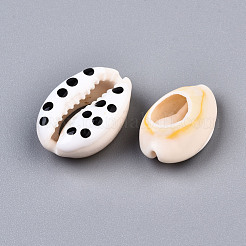 天然カウリーシェルビーズ  エナメル水玉模様  穴なし/ドリルなし  ホワイト  16~19x10~12.5x7mm&nbsp;SHEL-Q312-006A