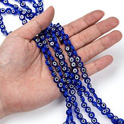 手作りナザールボンジュウランプワークフラットラウンドビーズ連売り  ブルー  8x3.2mm  穴：1mm  約49個/連  14.56インチ&nbsp;X-LAMP-L058-8mm-04