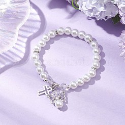 女性用合金＆パールガラスパールビーズストレッチブレスレット  天使と十字架  ホワイト  内径：3-1/4インチ（8.2cm）&nbsp;BJEW-JB11364-01