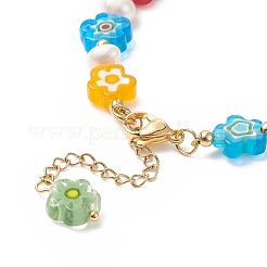 ミッレフィオーリ ガラス フラワー ＆ 天然パール ビーズ ブレスレット レディース  カラフル  7-1/2インチ（19.2cm）&nbsp;BJEW-JB09138