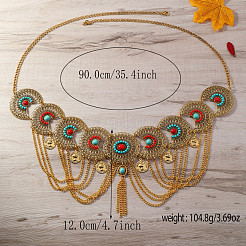 Bohemian Ethnic Style Alloy Pave Red & Deep Sky Blue Synthetic Turquoise Tassel Waist Chains&nbsp;FS-WG7CE59-01