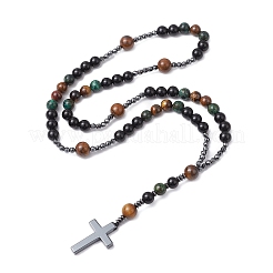 Natural Tiger Eye & Obsidian & Bloodstone Rosary Bead Necklaces&nbsp;NJEW-JN05114-01