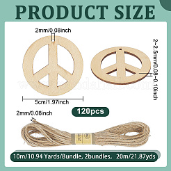 120個の木の大きなペンダント  ジュートコード付き  ピースサイン  乳白色  50x2~2.5mm  穴：2mm&nbsp;WOOD-NB0003-09