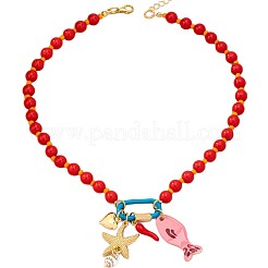 Summer Beach Alloy Enamel Fish Starfish Pendant Resin Round Beaded Necklaces for Women&nbsp;WG19625-03